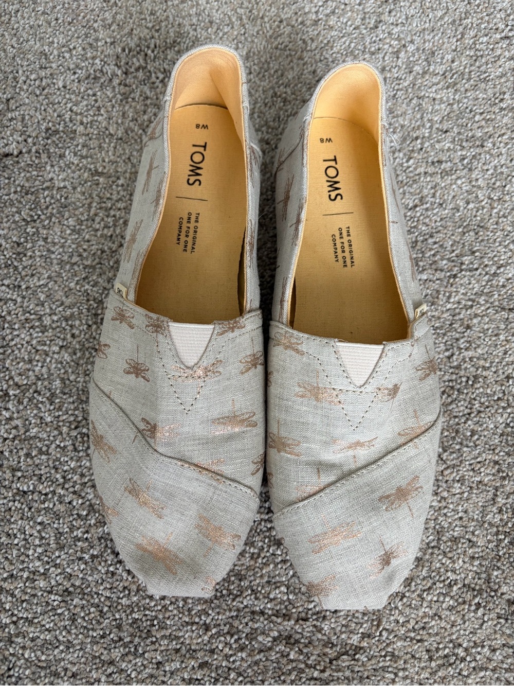 Toms Natural Canvas Slip-On Flats with Metallic Gold Dragonfly Print
